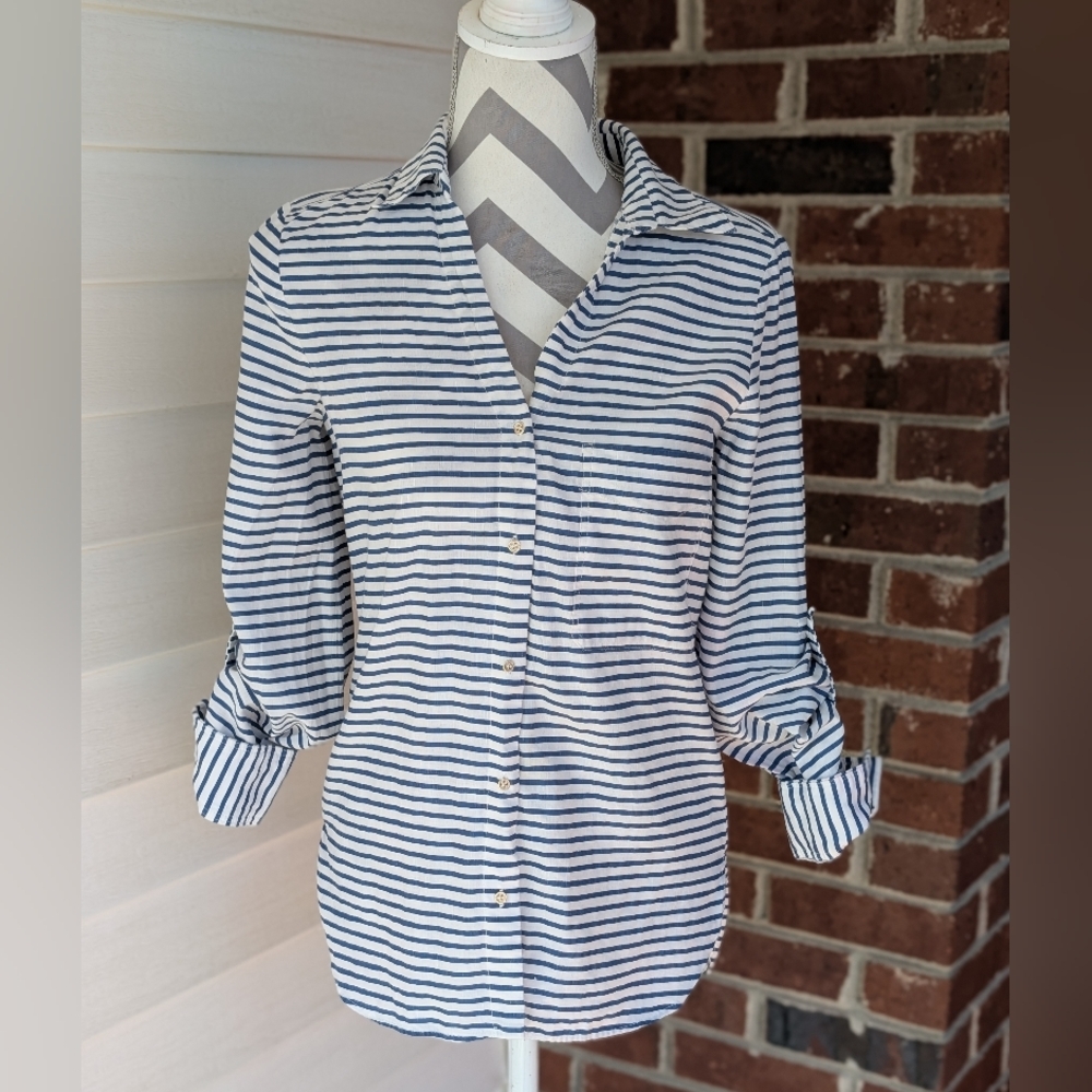 Zara Dark Navy Striped Button-Up Shirt